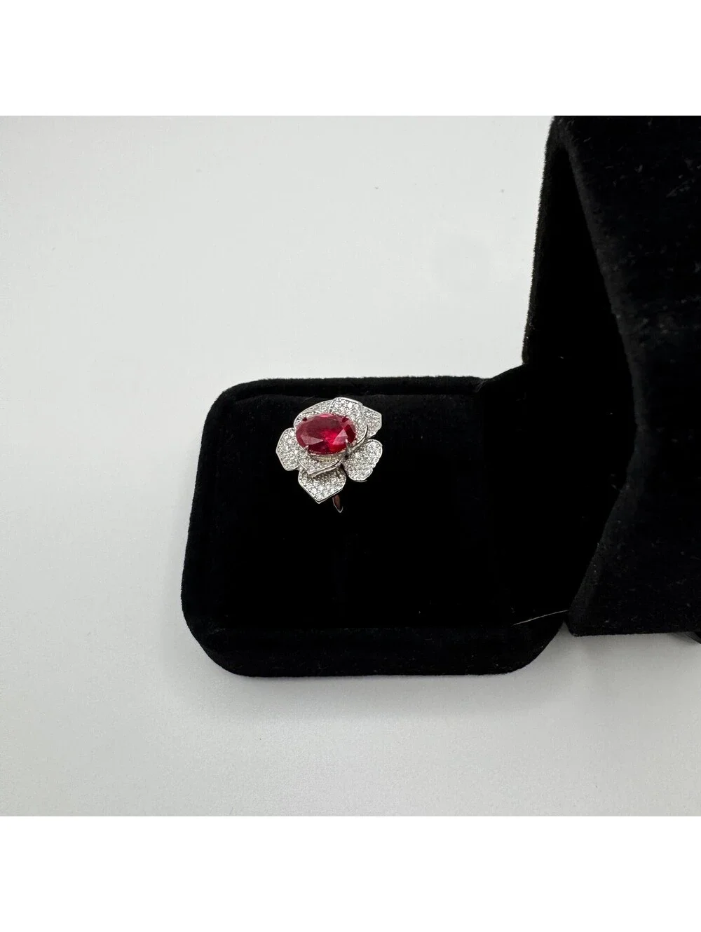 Platinum Plated Adjustable 2 ct Moissanite Pink Flower Ring Vintage Inspired
